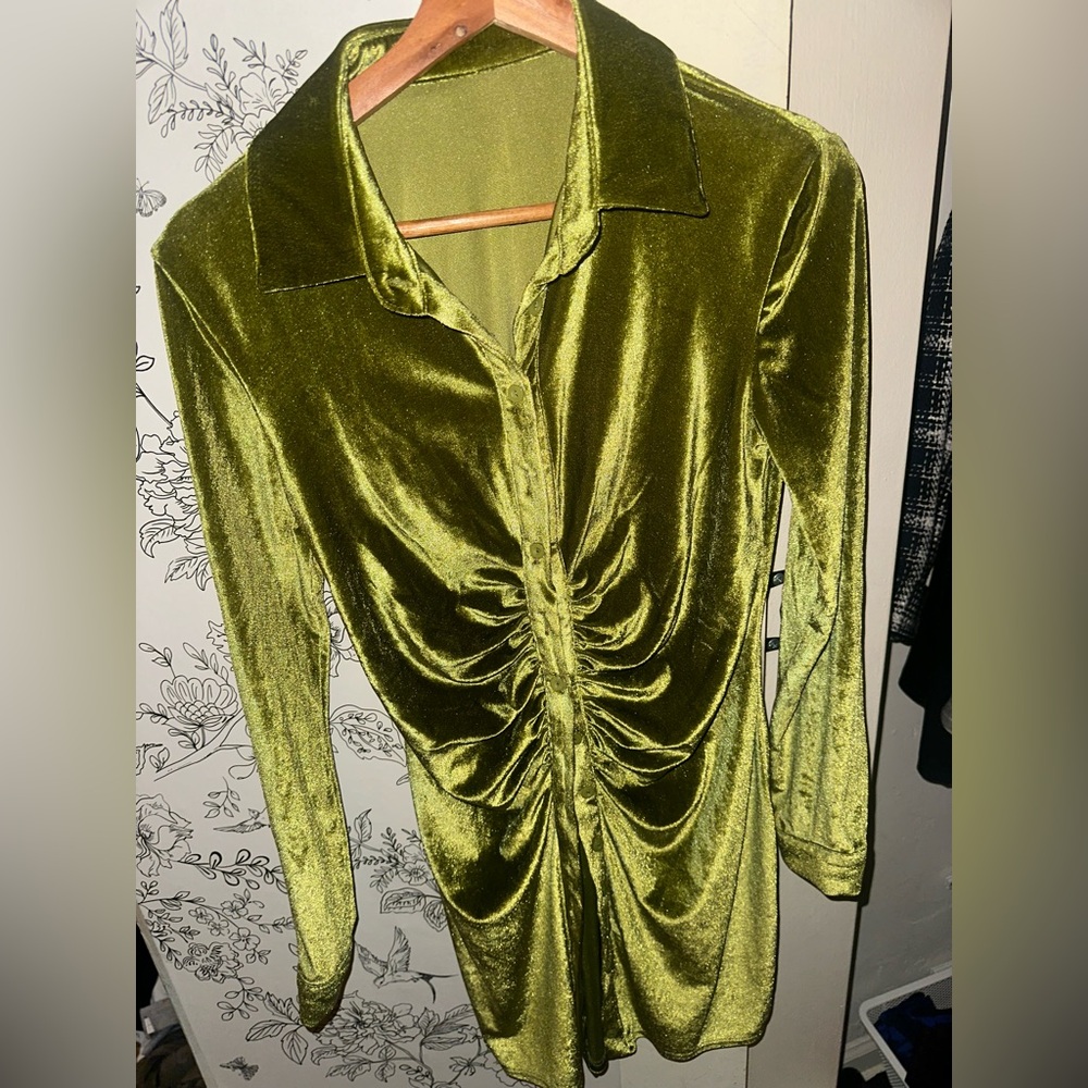 Olive Green Velvet Ruched Dress